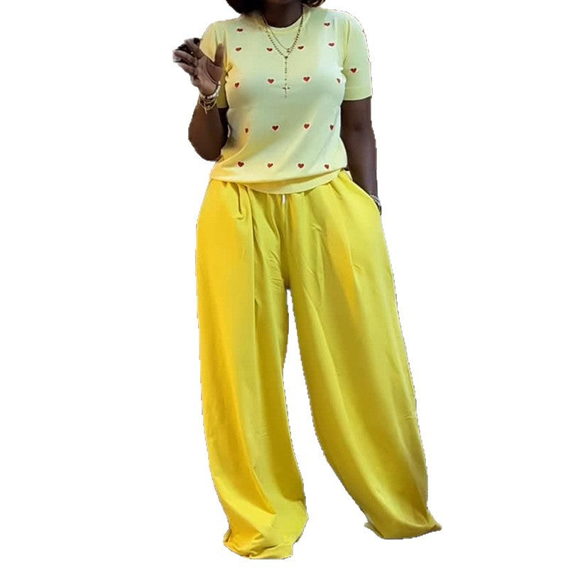 Heart Print Round Neck Top and Wide Leg Pants Set
