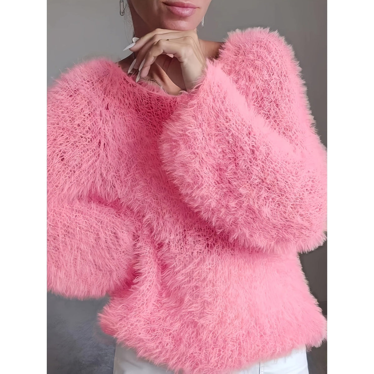 Women's eprolo long sleeve fur top with round neck, fluffy solid color, cozy and stylish for winter wear.
