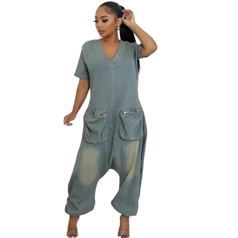Women's Loose Fit Peacock Blue Washed Denim Overalls with Pockets