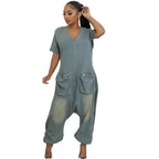 Women's Loose Fit Peacock Blue Washed Denim Overalls with Pockets