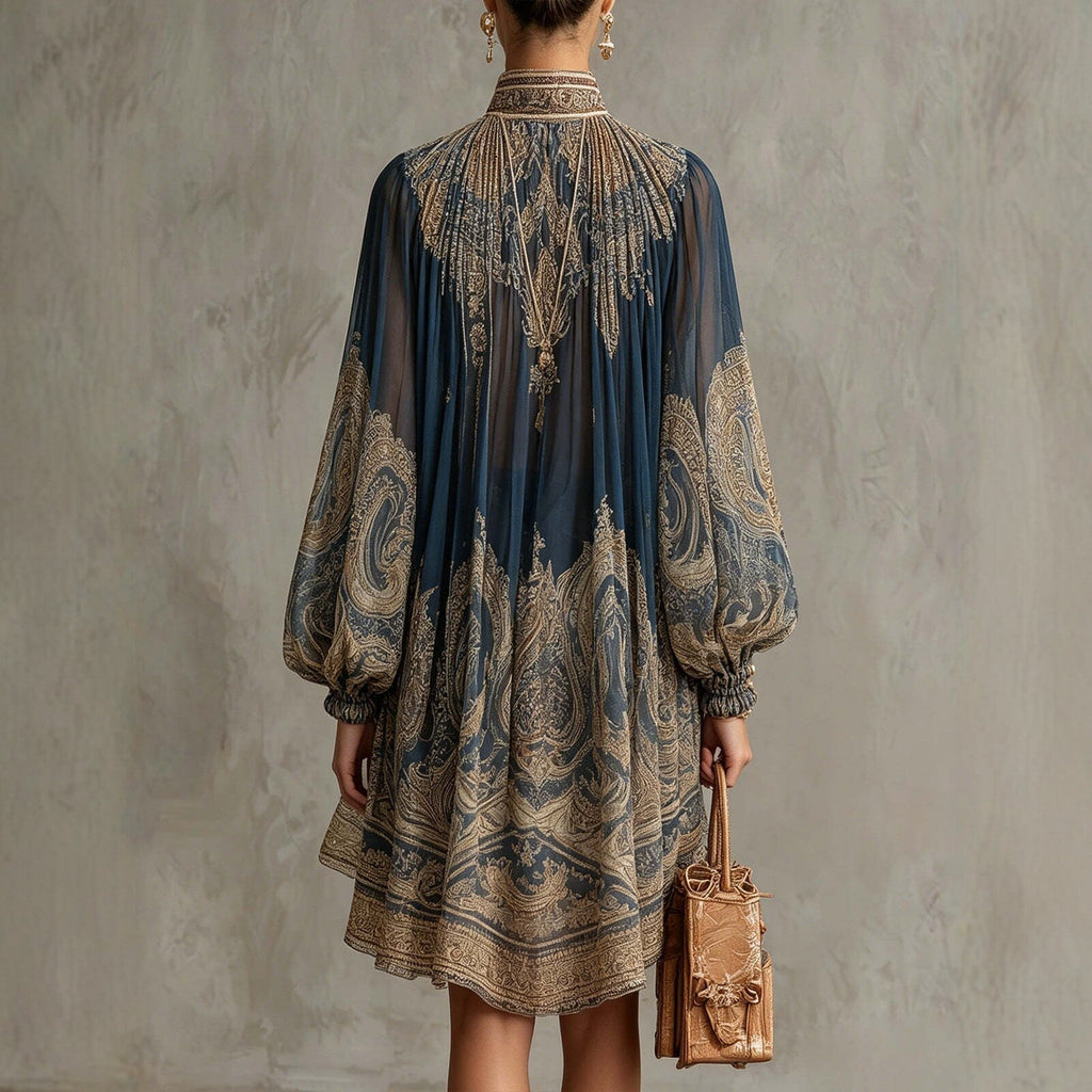 Navy blue printed puff sleeve stand collar dress by FitiqueFit, loose boho style with asymmetric hem for women.