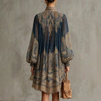 Navy blue printed puff sleeve stand collar dress by FitiqueFit, loose boho style with asymmetric hem for women.