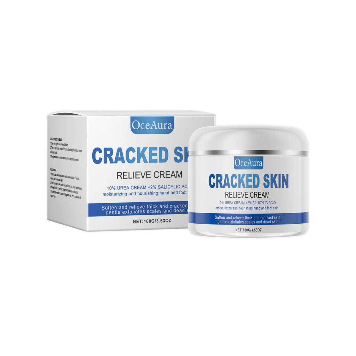 White and blue jar and matching box of OceAura Cracked Skin Relieve Cream with 100G net weight.