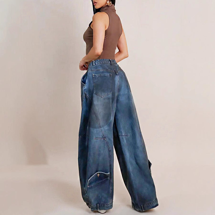 Distressed washed reverse waist women’s jeans from Plush Fashion Hub featuring a retro style and relaxed fit.