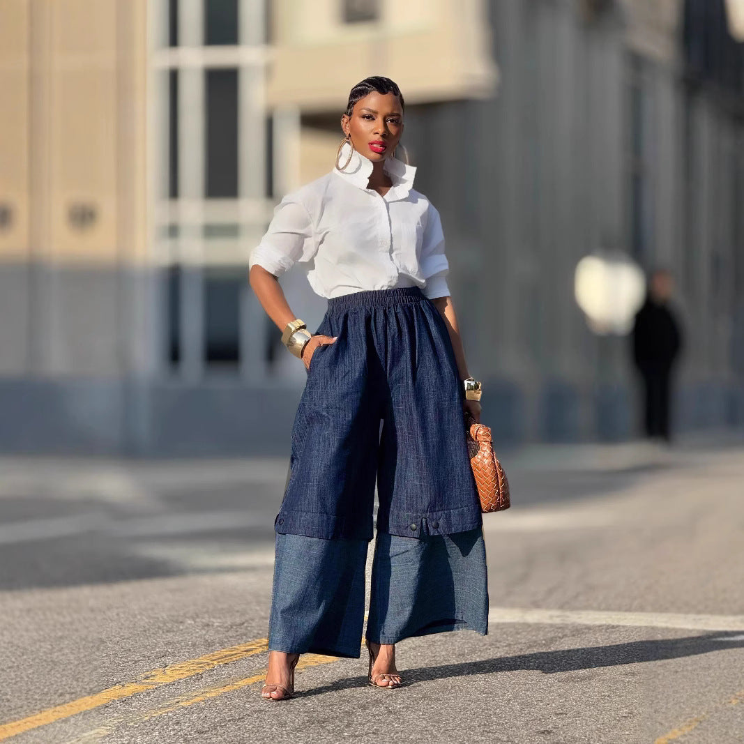 Patchwork color-blocking wide-leg denim jeans by Plush Fashion Hub, showing vibrant patchwork details and relaxed fit.