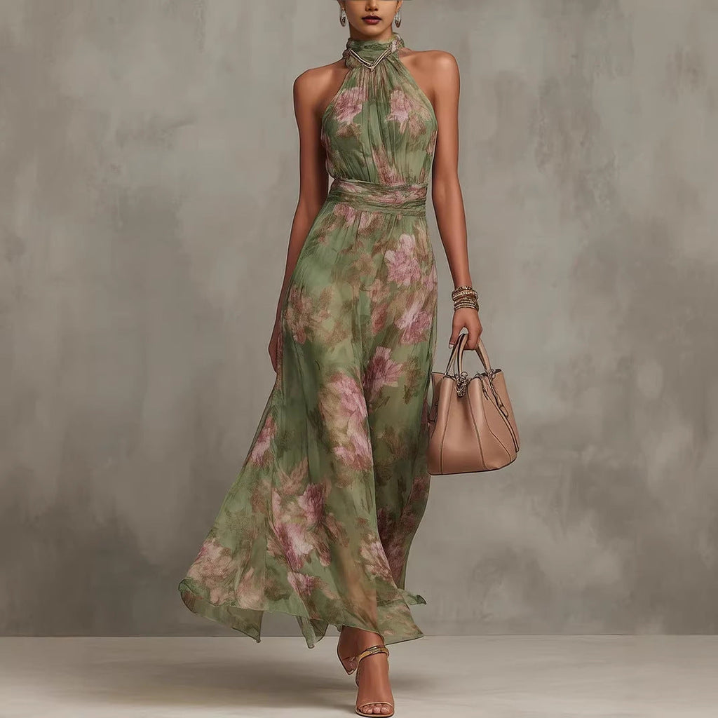 Green graffiti print mesh maxi dress by FitiqueFit featuring high waist, irregular slit, and streetwear-inspired suspender style.