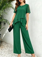 Women’s irregular hem top and wide-leg pants matching set by Plush Fashion Hub, stylish two-piece outfit for casual wear.