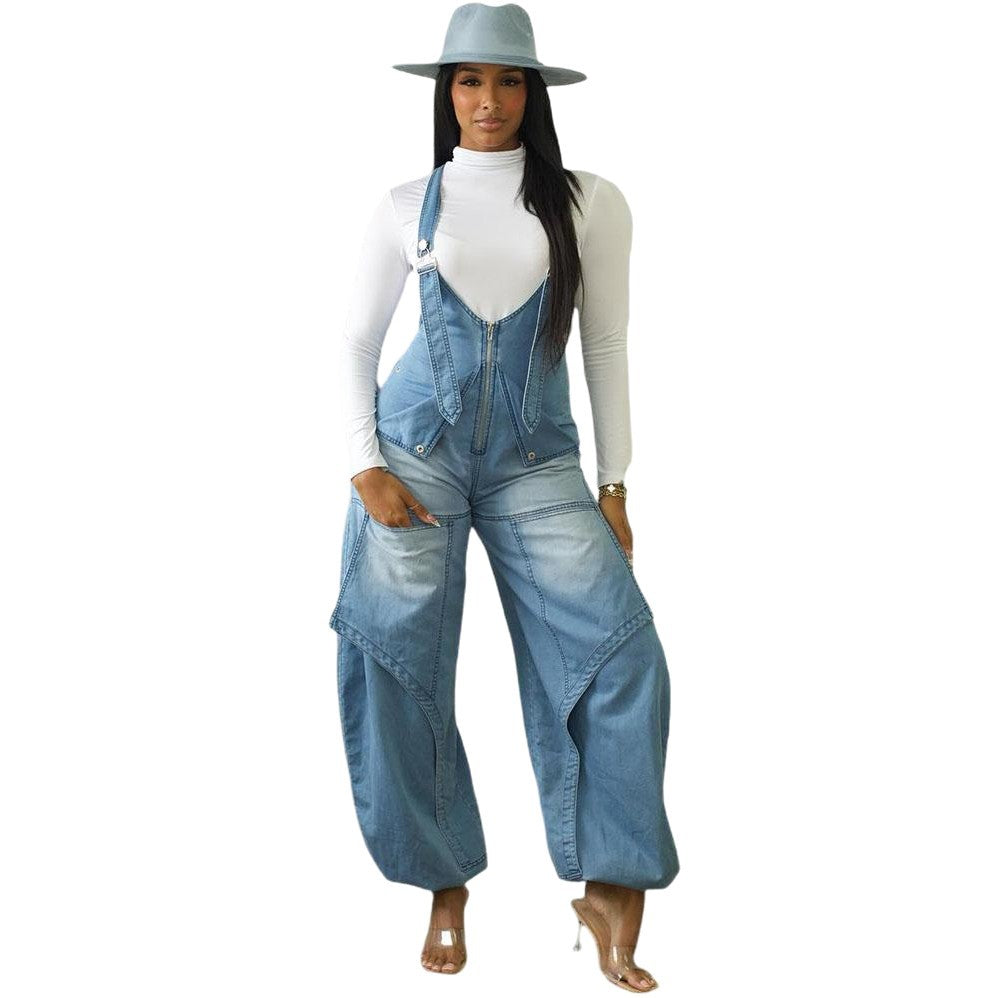 Women's Denim Overalls Street Casual Zipper Wide-Leg Jumpsuit