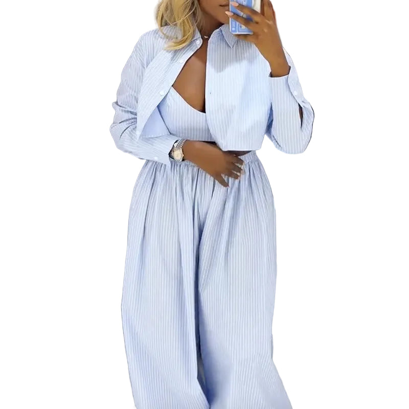 Striped strapless top and wide-leg pant set from Plush Fashion Hub, featuring coastal chic style and comfortable fit.