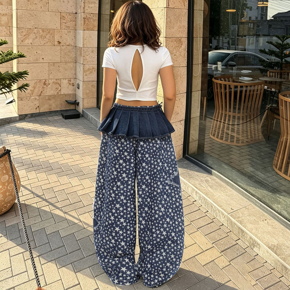 Eprolo layered denim pants with removable waist belt and star patchwork, featuring a stylish and casual design.