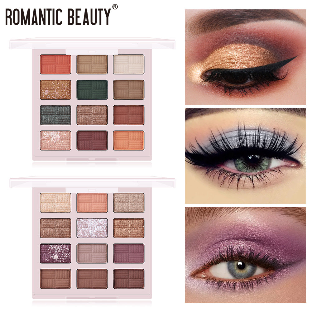 Two 12-pan eyeshadow palettes in pink cases, showing matte, shimmer, and glitter pans with three eye makeup looks.