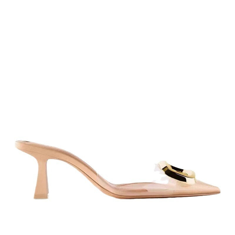 Plush Fashion Hub Lucent stiletto heels with a sleek metal buckle detail, stylish footwear for elegant occasions.