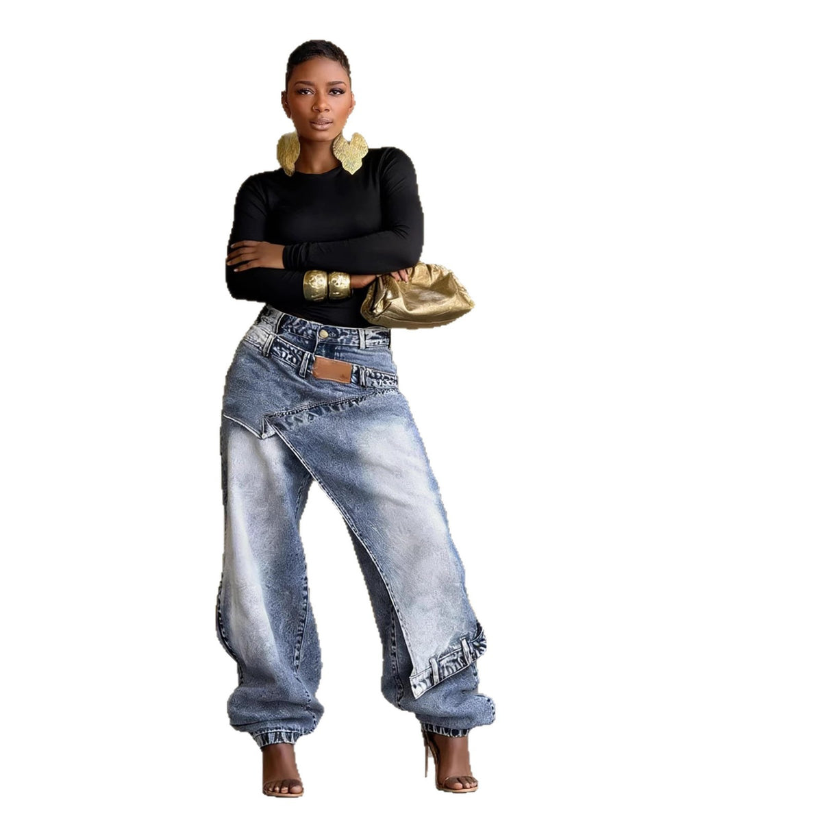 Deconstructed patchwork layered washed denim pants by Plush Fashion Hub, featuring distressed denim and unique patchwork design.