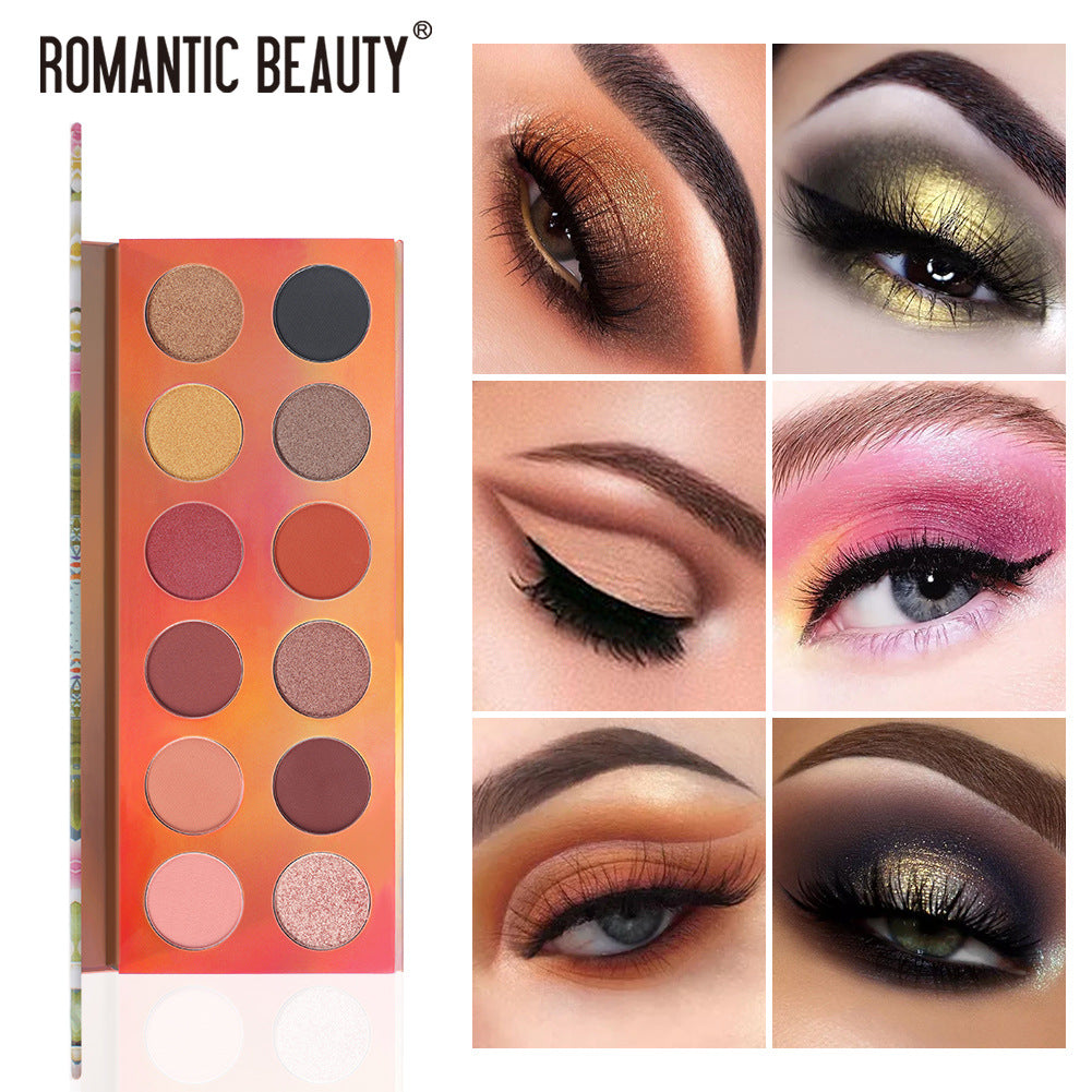 Orange palette with twelve round eyeshadow pans, matte and shimmer finishes, and an included brush.