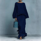 Women’s long sleeve top and irregular hem skirt set in solid color, stylish matching two-piece by Plush Fashion Hub.