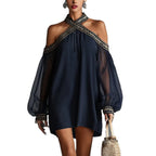 Fashion Design Embroidered Strapless Dress with Off-Shoulder Sheer Lantern Sleeve Loose Slimming Resort Style