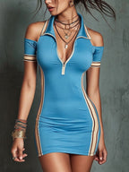 Women's elastic contrast stripe mini dress by Plush Fashion Hub featuring high waist, zipper, and fitted design.