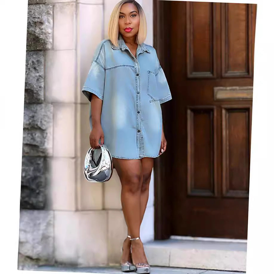 Casual loose short sleeve denim shirt for women, open front streetwear top by eprolo, perfect for summer fashion.