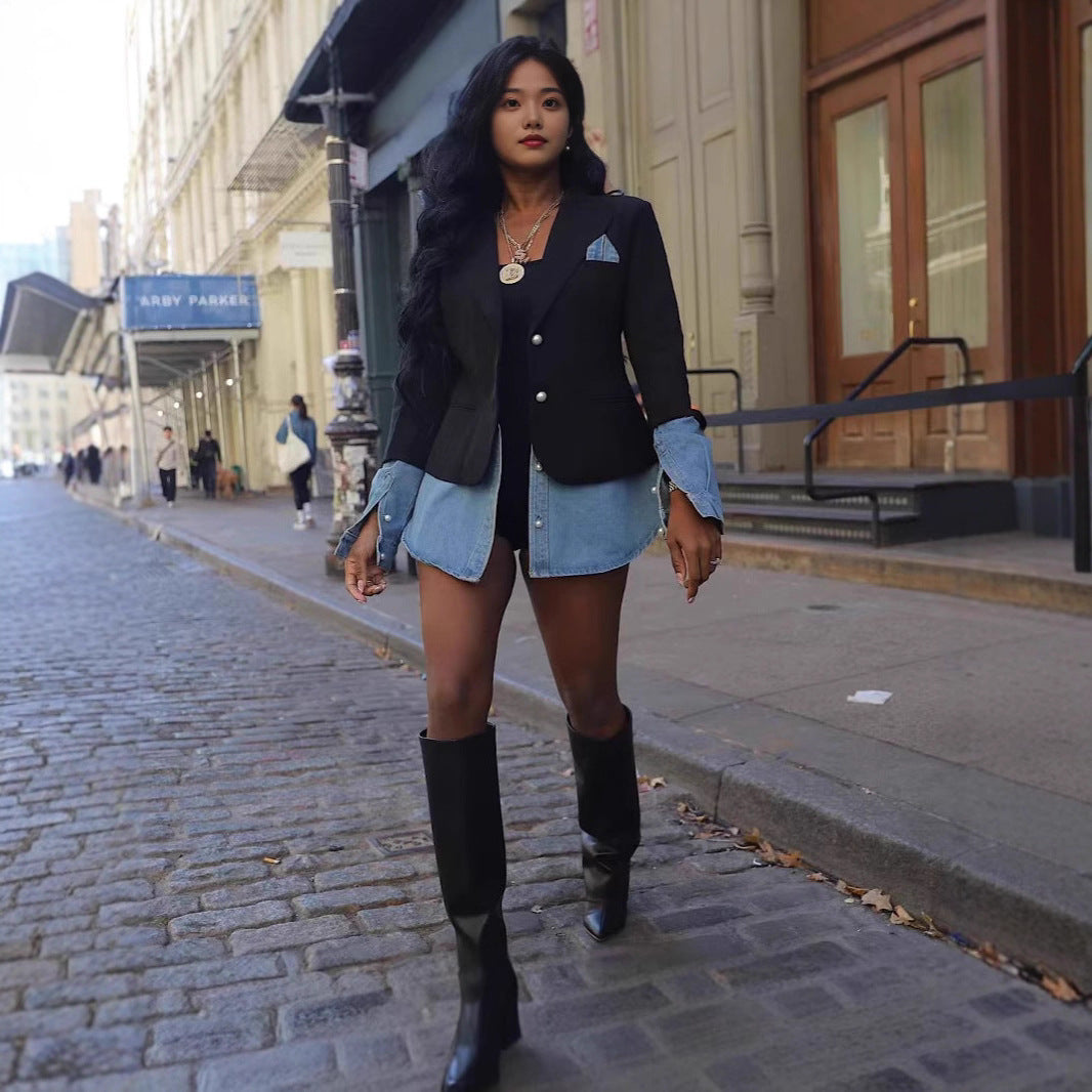 Casual women's patchwork denim blazer coat by eprolo, featuring a stylish design with patchwork details and classic denim fabric.
