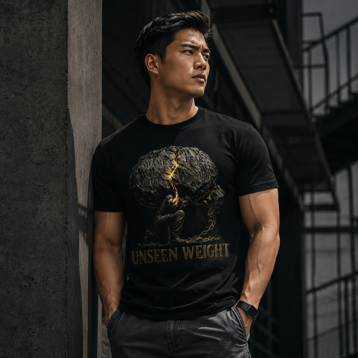 Wear Your Worship Unseen Weight graphic T-shirt from the SEEN: Unmasked Collection, featuring bold design on a comfortable black tee.