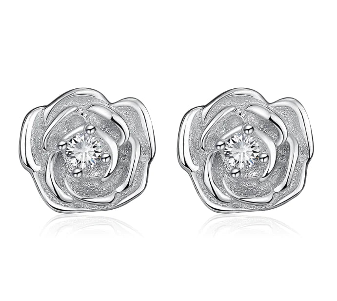 Rose-shaped 925 silver ear studs featuring delicate petal design, perfect for elegant everyday wear.