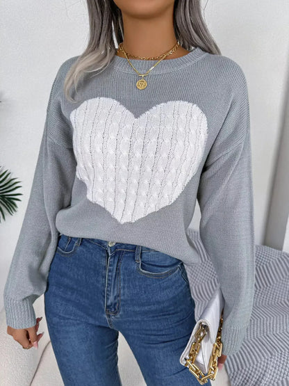 Cable Knit Heart Round Neck Sweater - Plush Fashion Hub