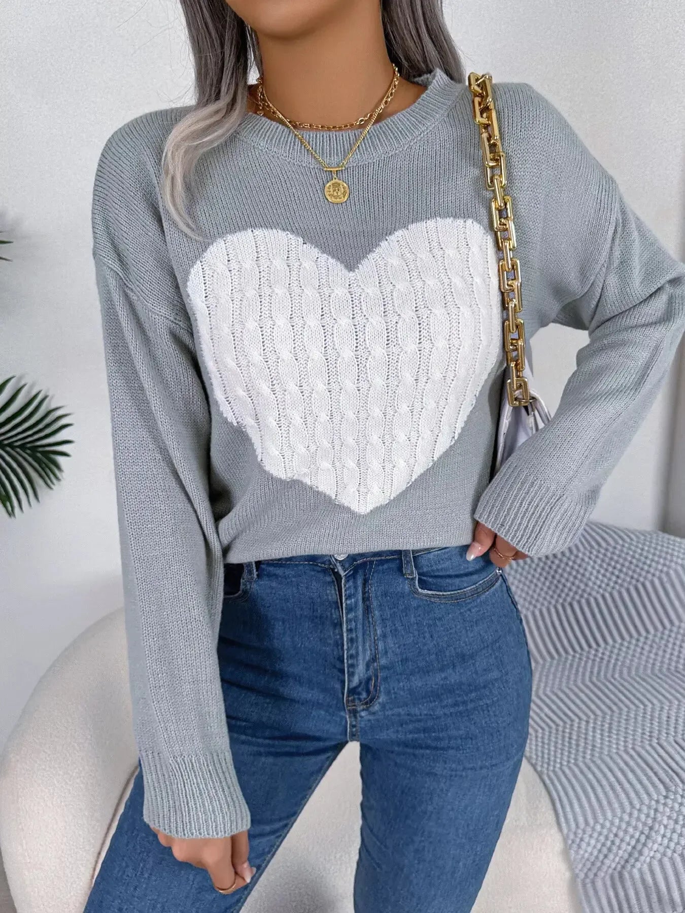 Cable Knit Heart Round Neck Sweater - Plush Fashion Hub