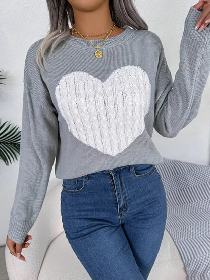 Cable Knit Heart Round Neck Sweater - Plush Fashion Hub