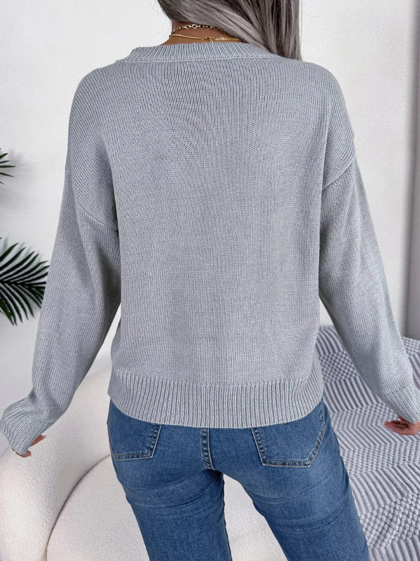 Cable Knit Heart Round Neck Sweater - Plush Fashion Hub