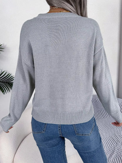 Cable Knit Heart Round Neck Sweater - Plush Fashion Hub