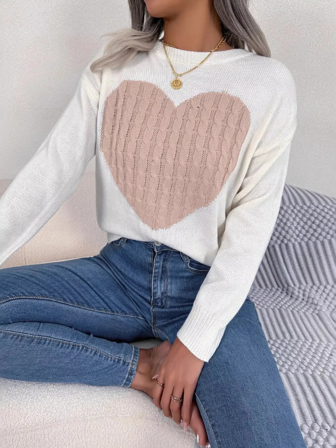 Cable Knit Heart Round Neck Sweater - Plush Fashion Hub