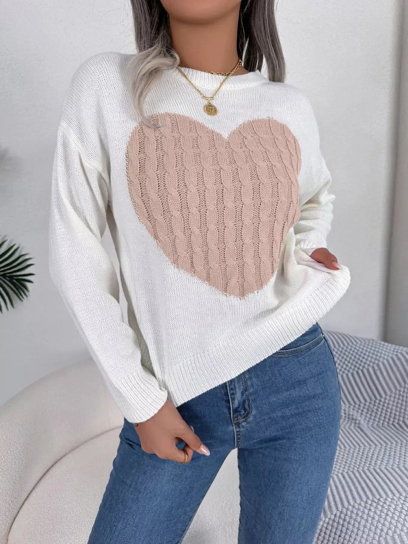 Cable Knit Heart Round Neck Sweater - Plush Fashion Hub