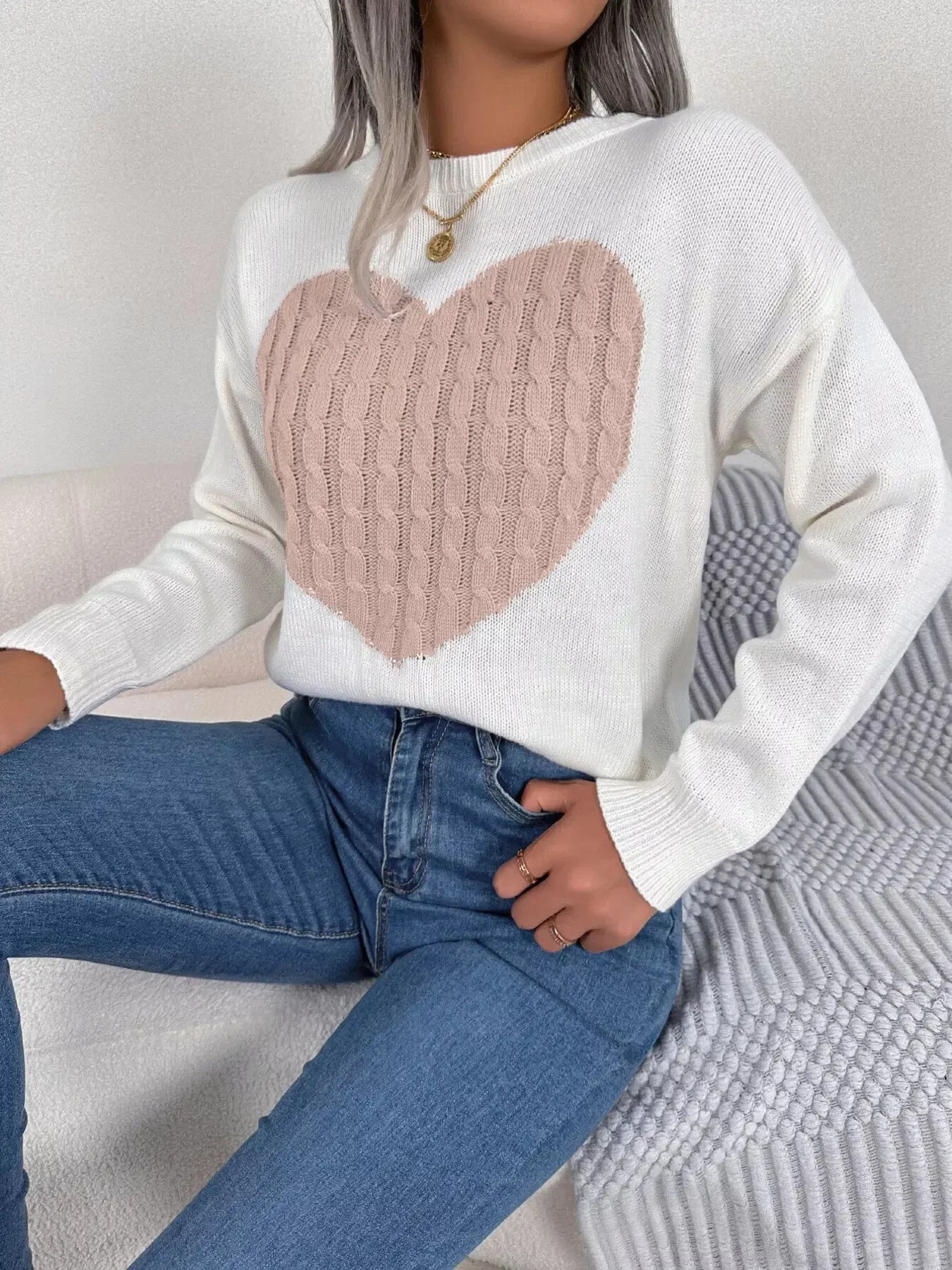 Cable Knit Heart Round Neck Sweater - Plush Fashion Hub