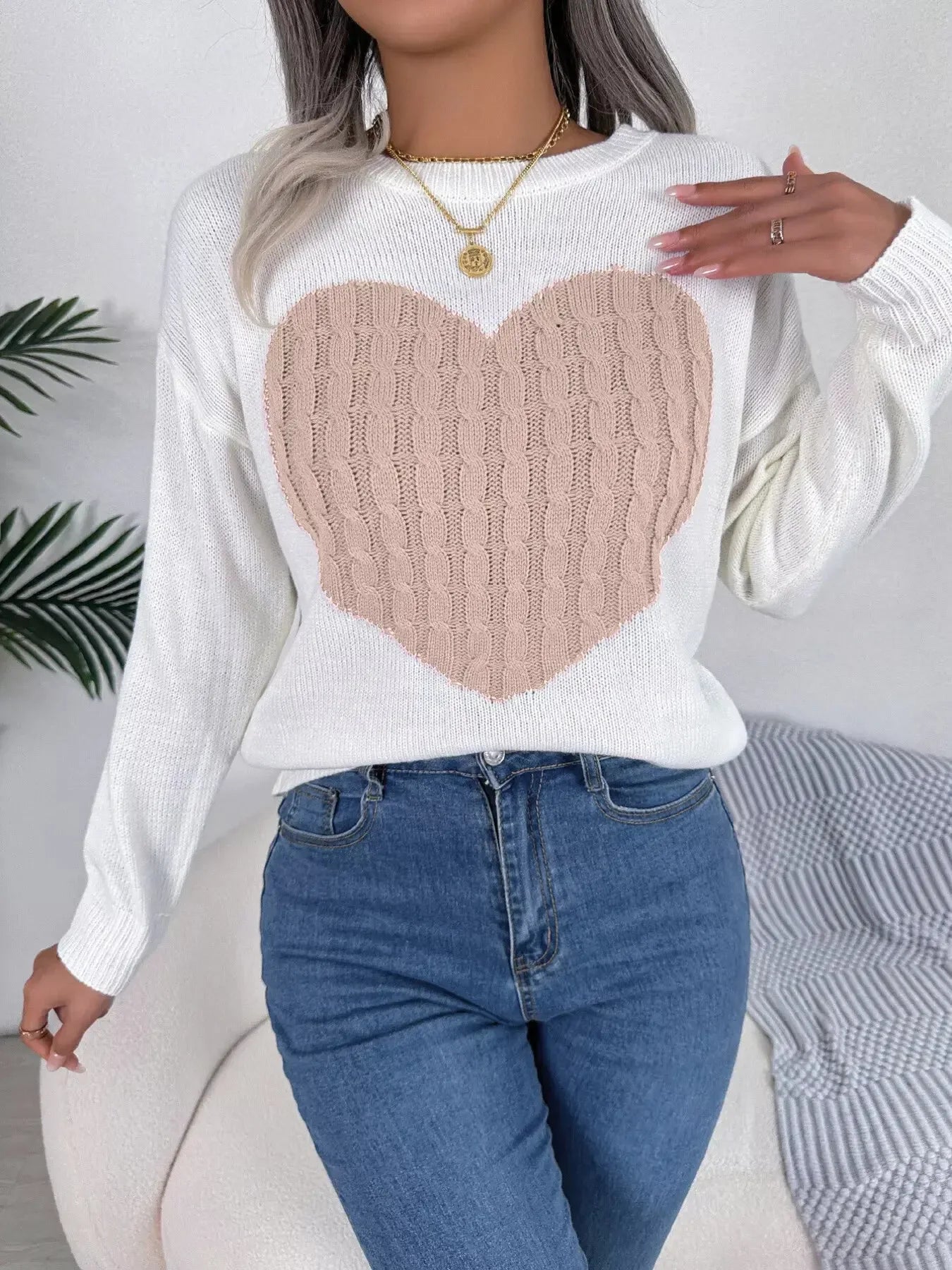 Cable Knit Heart Round Neck Sweater - Plush Fashion Hub