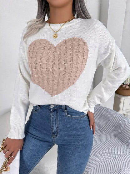 Cable Knit Heart Round Neck Sweater - Plush Fashion Hub