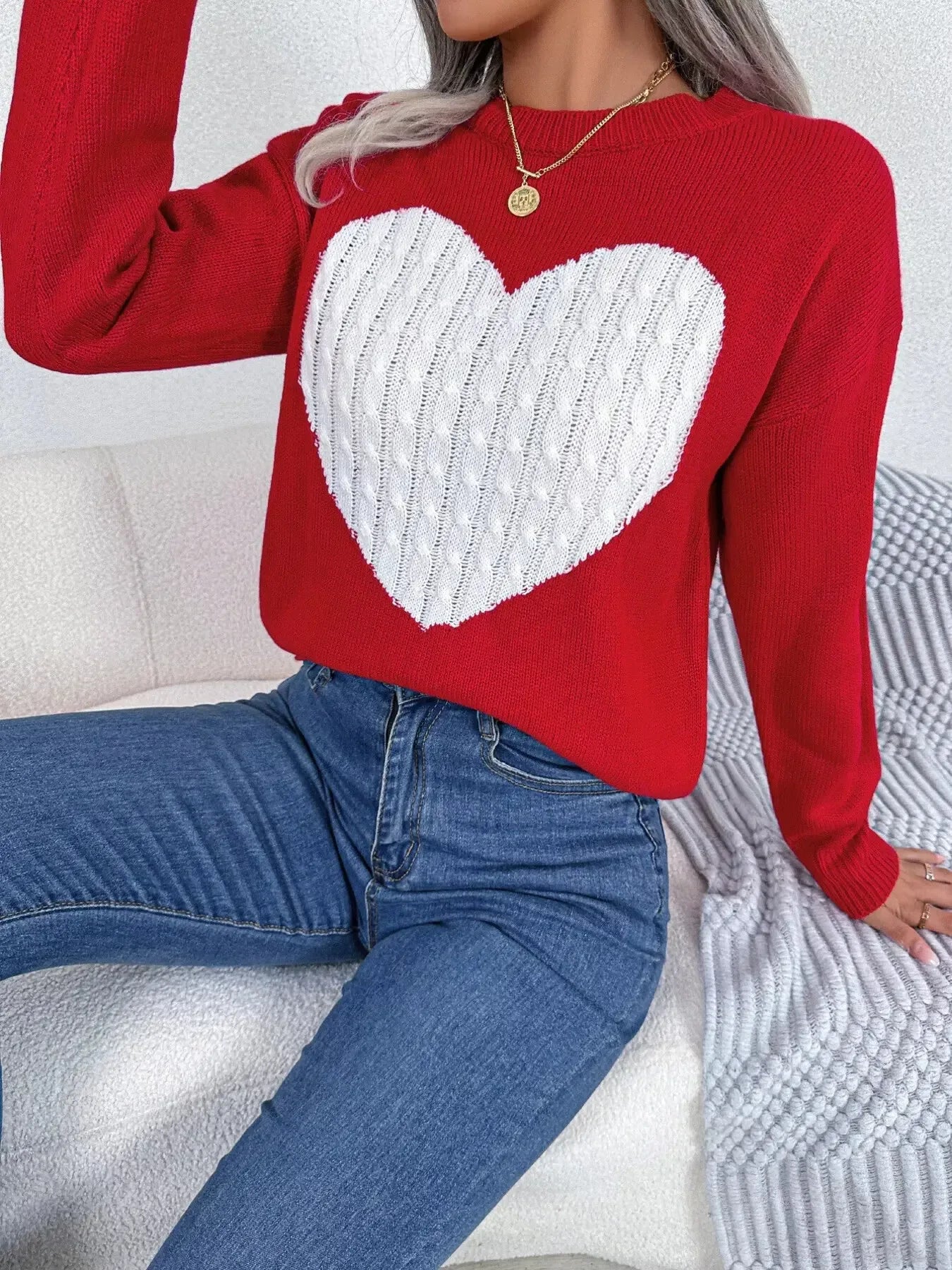 Cable Knit Heart Round Neck Sweater - Plush Fashion Hub