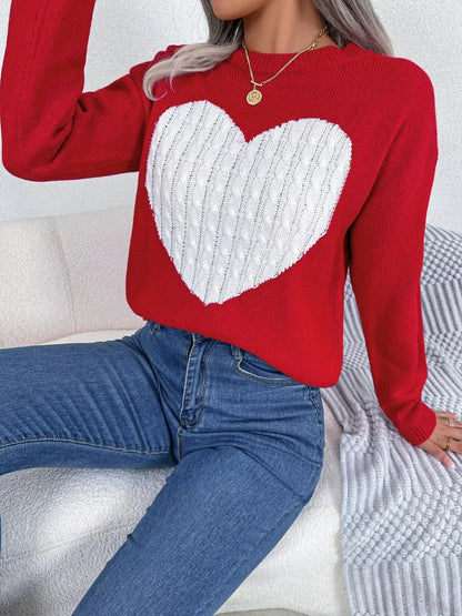 Cable Knit Heart Round Neck Sweater - Plush Fashion Hub