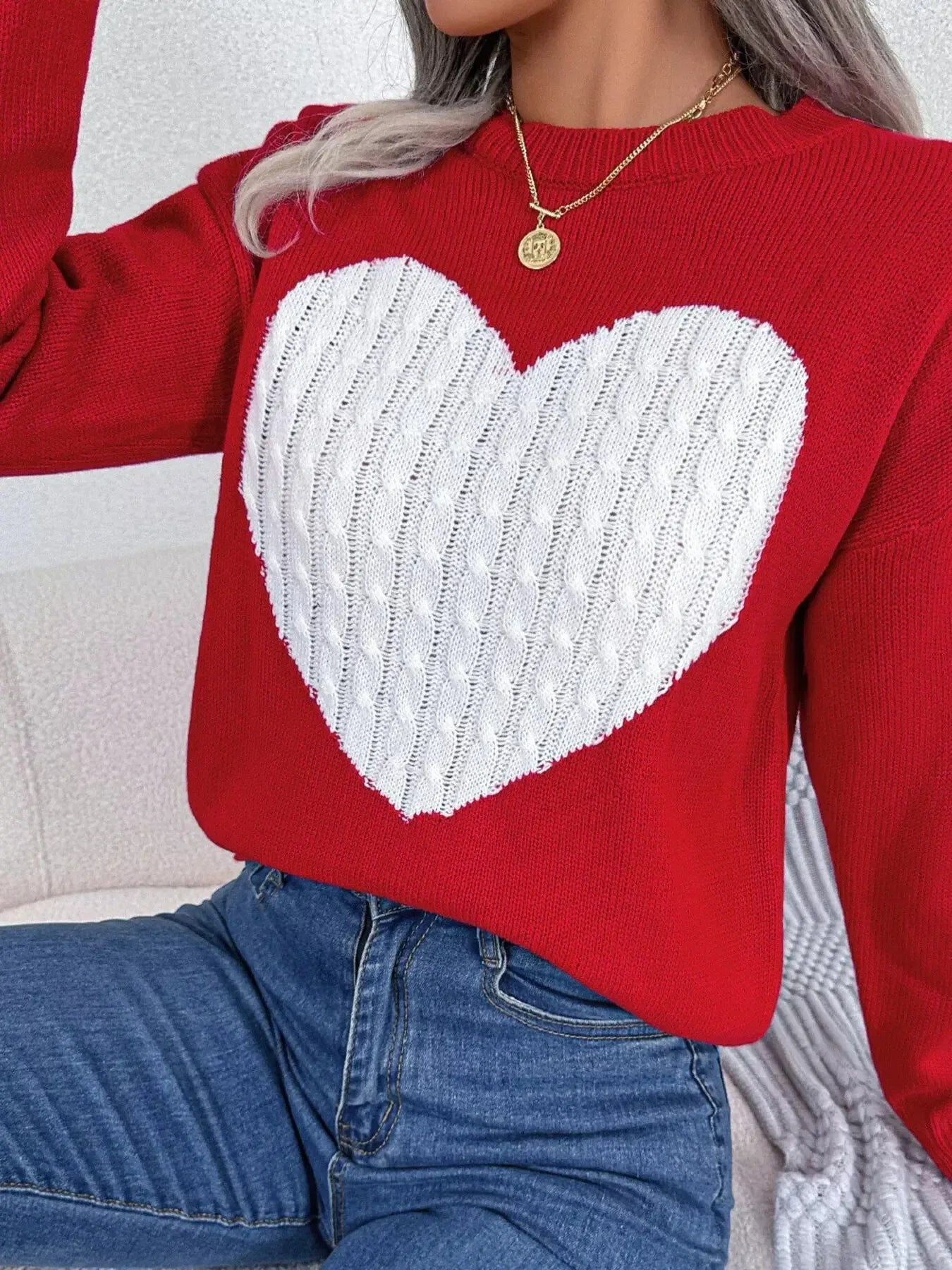 Cable Knit Heart Round Neck Sweater - Plush Fashion Hub