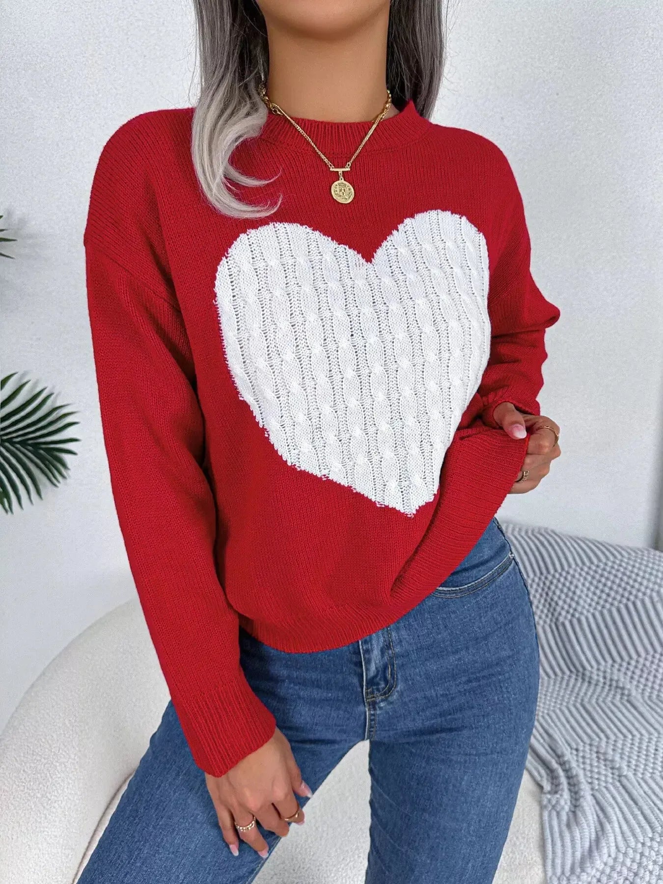 Cable Knit Heart Round Neck Sweater - Plush Fashion Hub