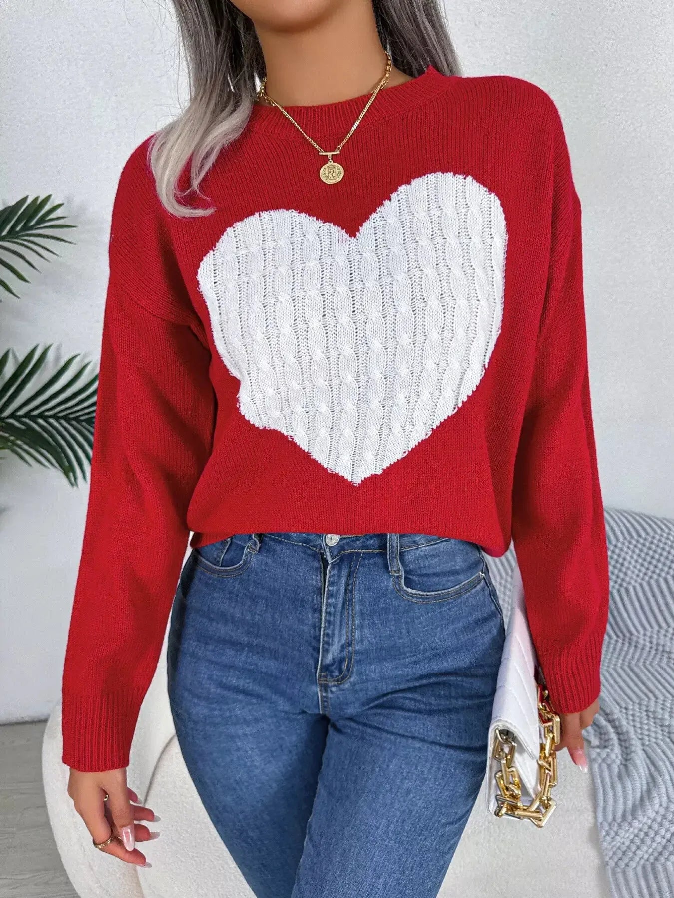 Cable Knit Heart Round Neck Sweater - Plush Fashion Hub