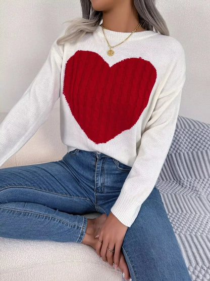 Cable Knit Heart Round Neck Sweater - Plush Fashion Hub