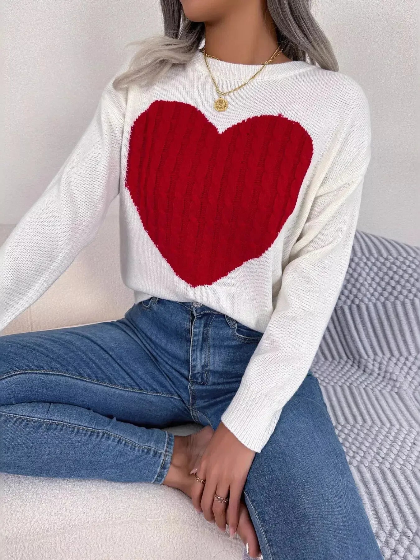 Cable Knit Heart Round Neck Sweater - Plush Fashion Hub