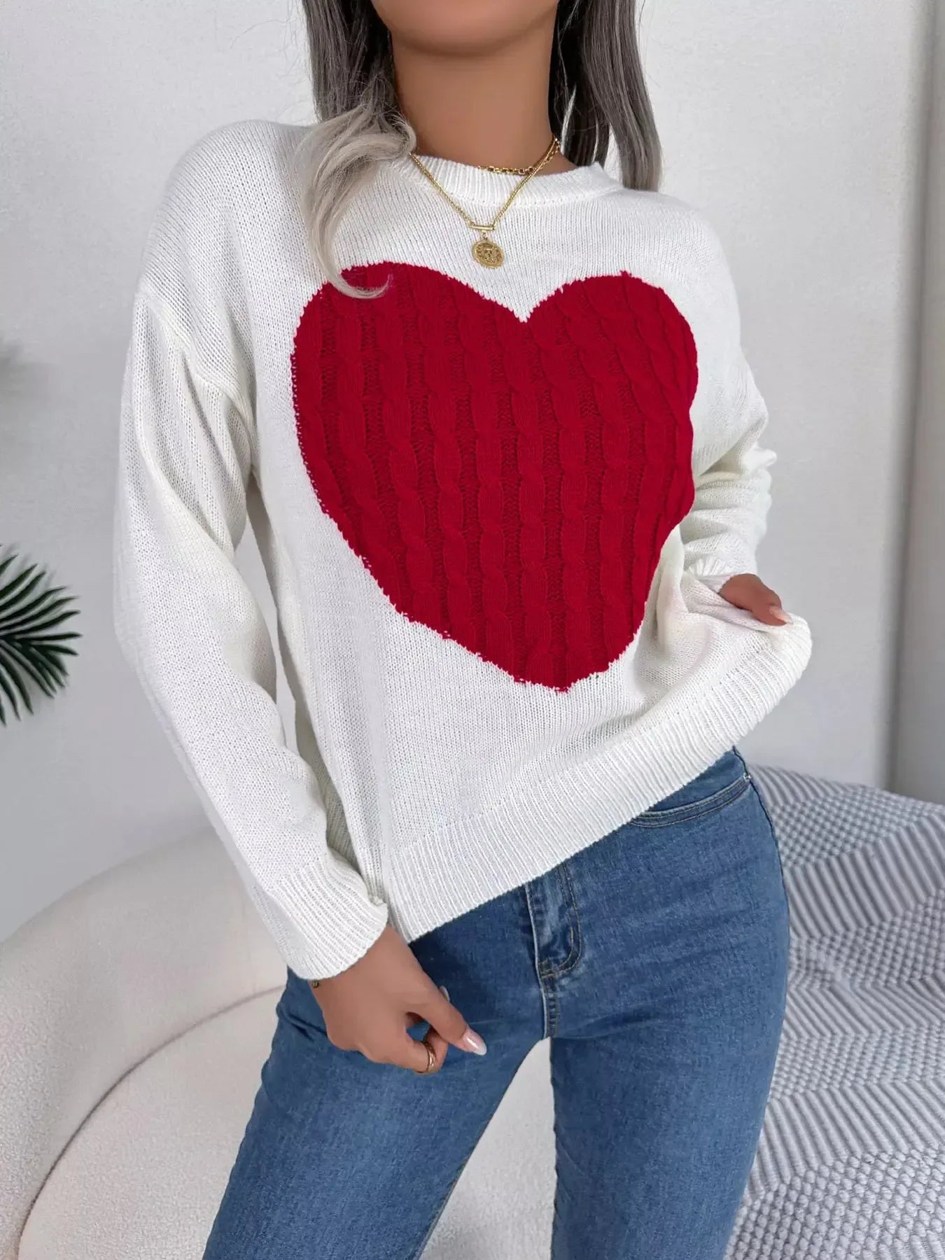 Cable Knit Heart Round Neck Sweater - Plush Fashion Hub