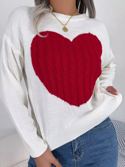 Cable Knit Heart Round Neck Sweater - Plush Fashion Hub