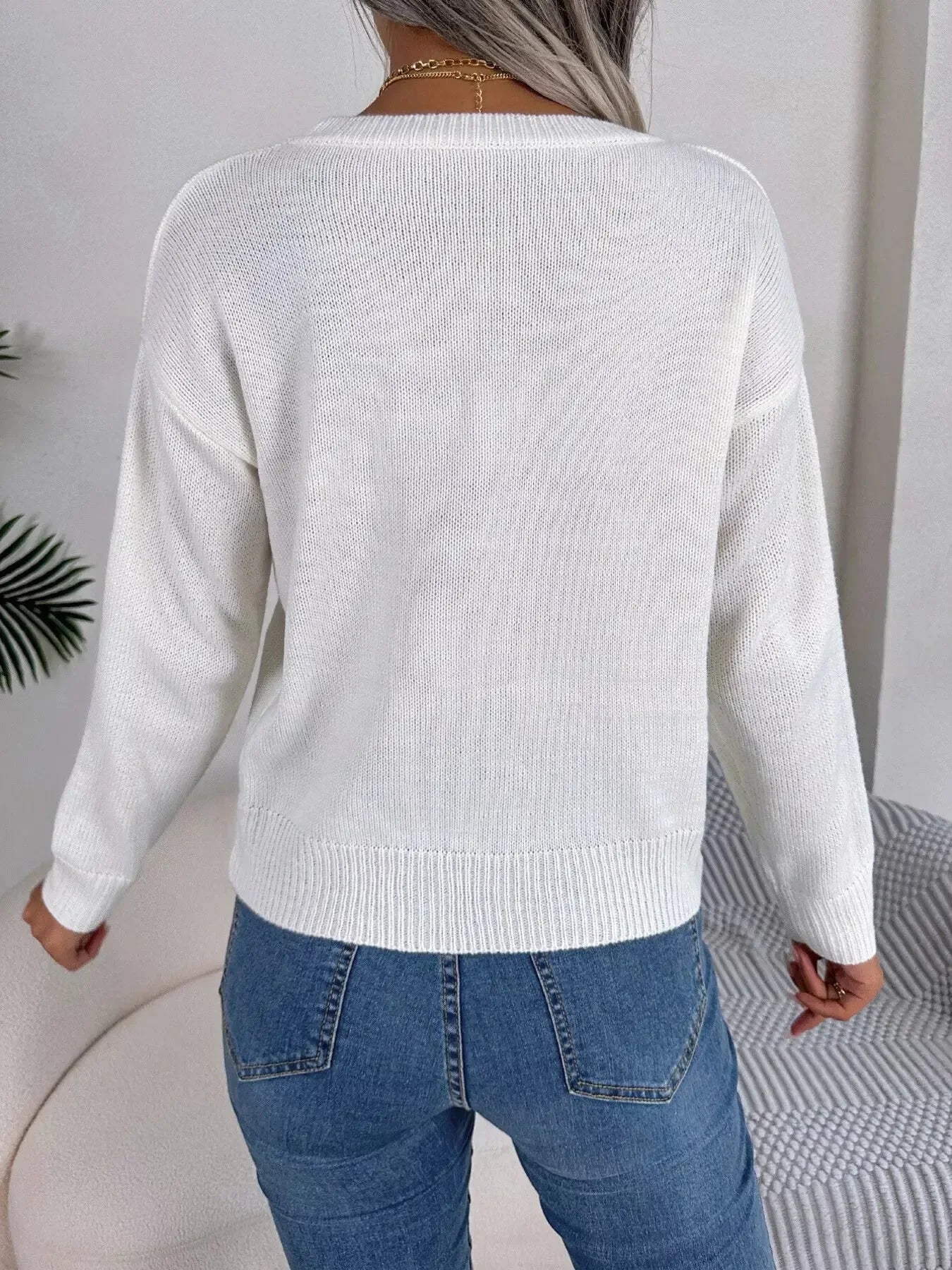 Cable Knit Heart Round Neck Sweater - Plush Fashion Hub