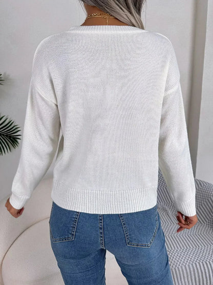 Cable Knit Heart Round Neck Sweater - Plush Fashion Hub