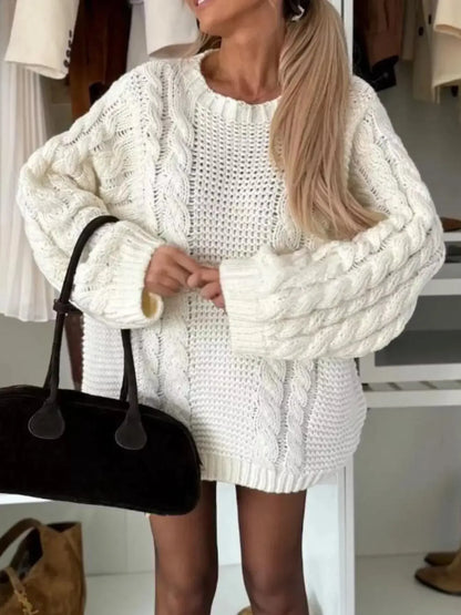 Cable Knit Round Neck Oversized Sweater - Plush Fashion Hub