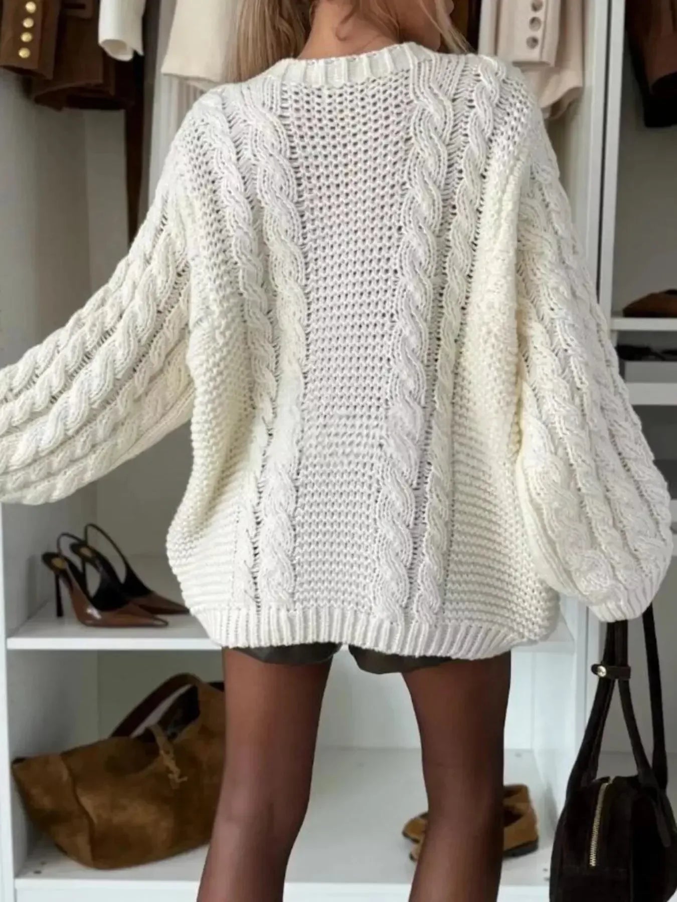 Cable Knit Round Neck Oversized Sweater - Plush Fashion Hub