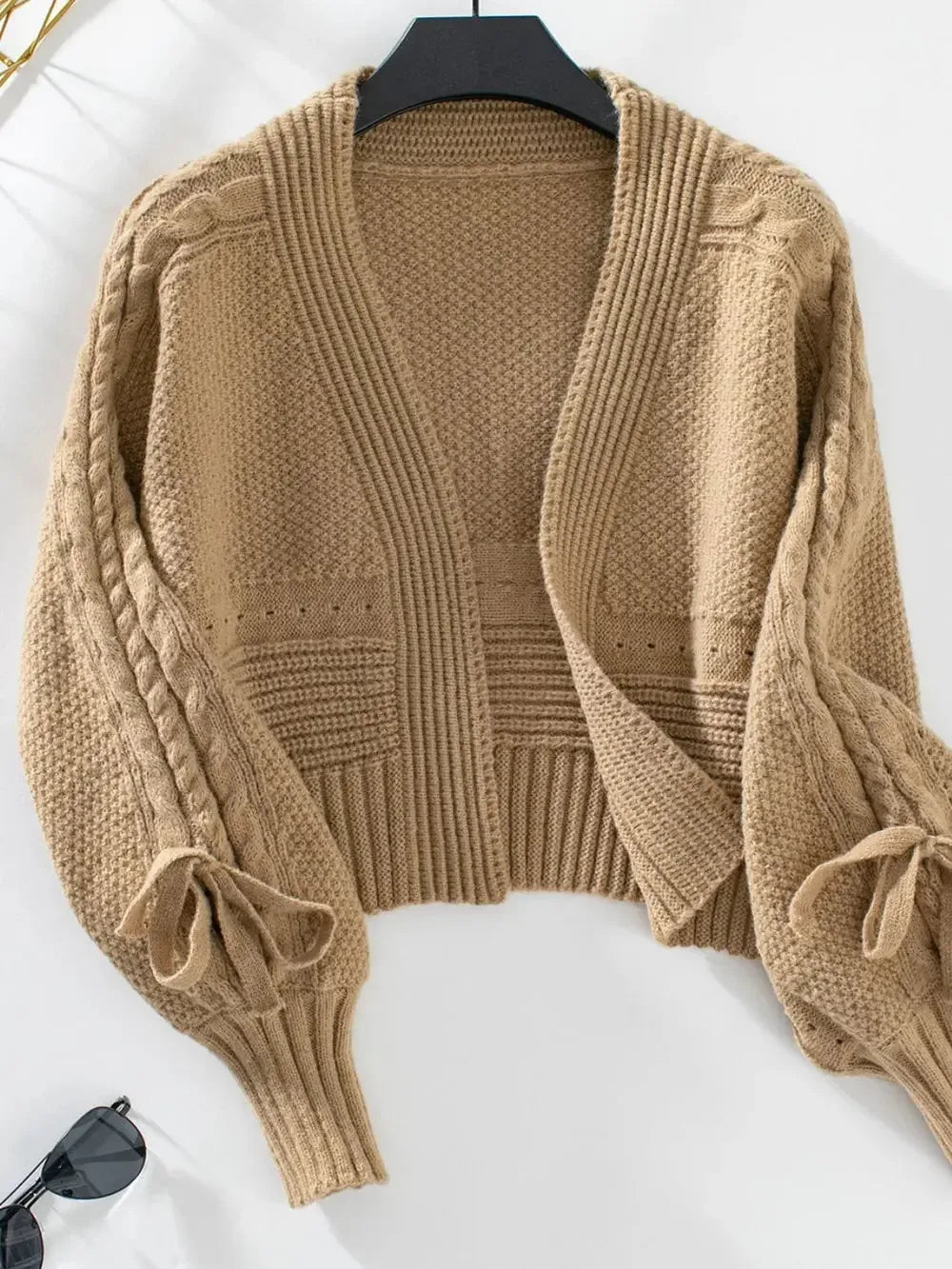 Cable-Knit Tied Open Front Lantern Sleeve Cardigan - Plush Fashion Hub