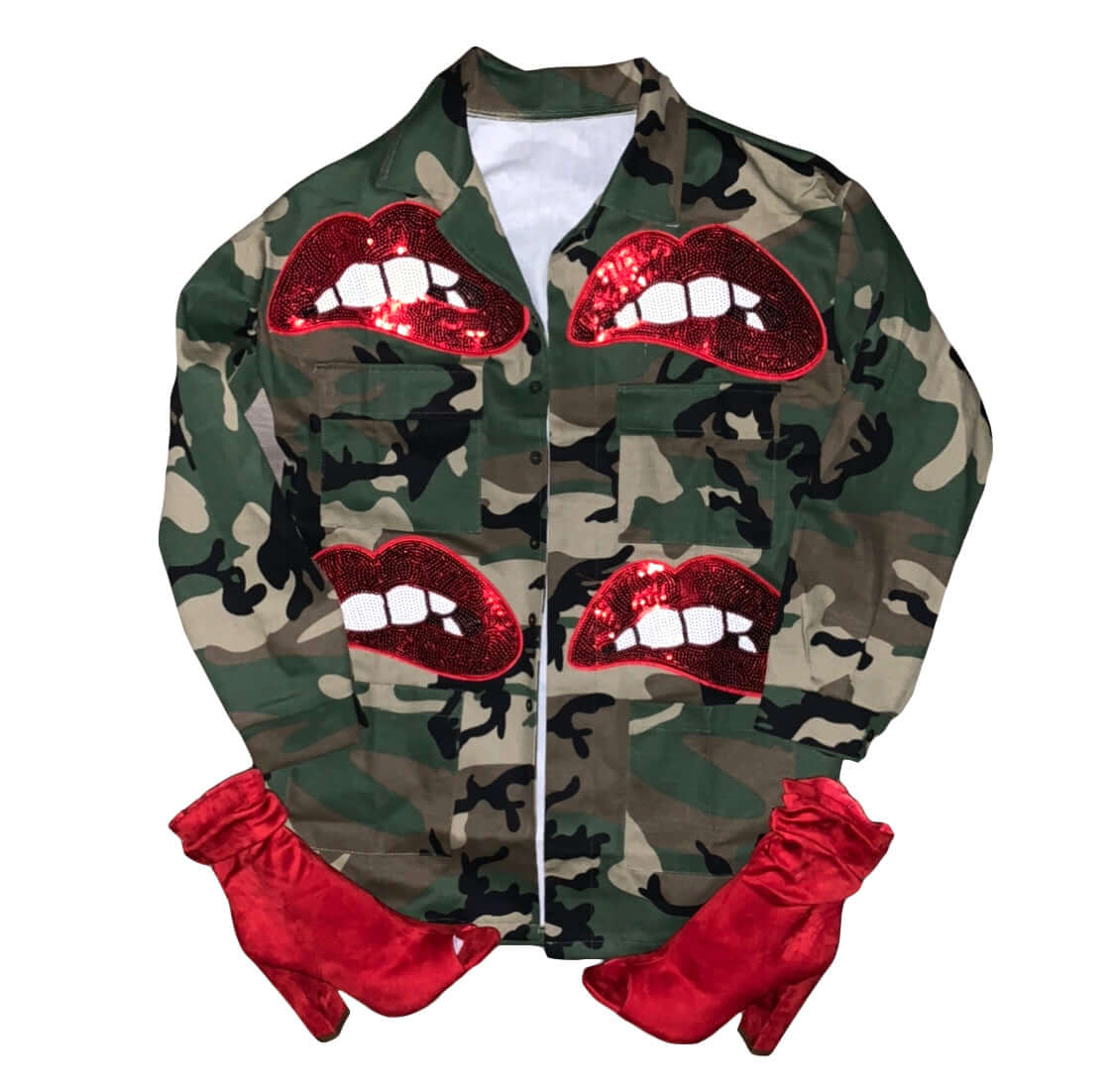 Camouflage sequins lips jacket by The House of Stylez featuring a bold camo pattern with shimmering sequin lips design.